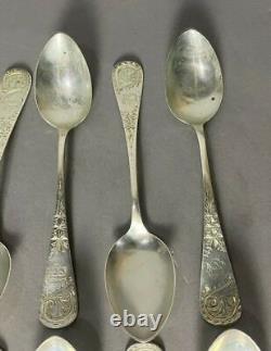 12 Whiting Antique Victorian Engraved Sterling Silver Spoons