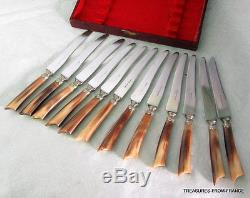 12 vintage French knives knifes sterling silver ferrules bovine horn handles