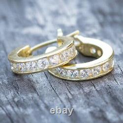 14K Gold Solitaire Iced Small Cz Sterling Silver Mens Huggie Hoop Earrings