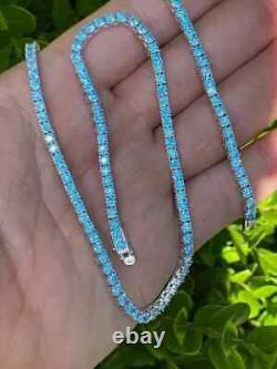 14K White Gold Plated 4MM Round Cut Lab Created Aquamarine Tennis Necklace