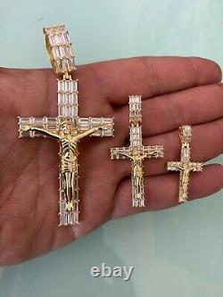 14k Gold Over 925 Sterling Silver Cross W. Jesus Pendant Baguette Iced Diamond
