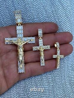 14k Gold Over 925 Sterling Silver Cross W. Jesus Pendant Baguette Iced Diamond