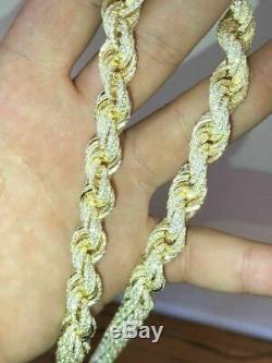 14k Gold Over Real Solid 925 Sterling Silver Men's Rope Chain Diamond 12mm ICY