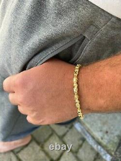 14k Gold Over Solid 925 Sterling Silver Gold Nugget Link Bracelet 7-8.5 Mens