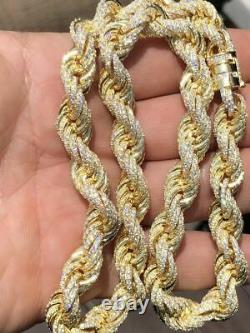 14k Gold Over Solid 925 Sterling Silver Men's Rope Chain 18 Choker 40ct Diamond