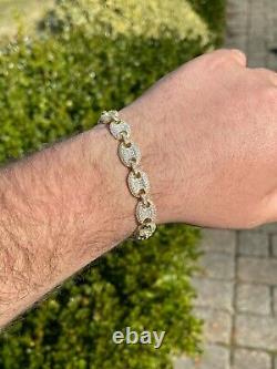 14k Gold Real 925 Sterling Silver Mens Iced Puffed Gucci Link Bracelet Diamond