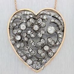 1880s Antique Victorian Diamond Heart Necklace 14K Rose Gold Sterling Silver D8