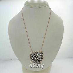 1880s Antique Victorian Diamond Heart Necklace 14K Rose Gold Sterling Silver D8