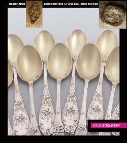 18 PIECES! ANTIQUE 1880s FRENCH STERLING SILVER & VERMEIL GOLD COFFEE SPOONS SET