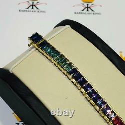 18k Yellow Gold Sterling Silver Emerald Cut Rainbow Sapphire Tennis Bracelet New