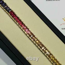 18k Yellow Gold Sterling Silver Emerald Cut Rainbow Sapphire Tennis Bracelet New