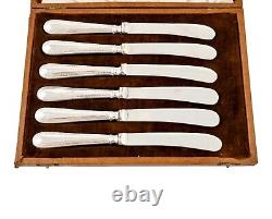 1930's Art Deco sterling silver set 6 tea butter knives, geometric bands, cased