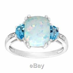 2 3/8 ct Natural Opal & Swiss Blue Topaz Ring with Diamonds in Sterling Silver