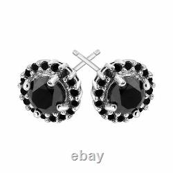 2 ct Black Diamond Halo Stud Earrings in Sterling Silver