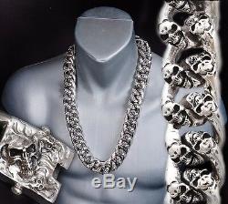 32 1120g HEAVY CHUNKY BIKER CURB CHAIN SKULL 925 STERLING SILVER MENS NECKLACE