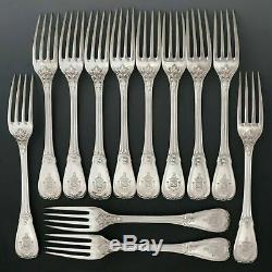 36pc Antique French Sterling Silver PUIFORCAT Dinner Flatware Set Coat of Arms