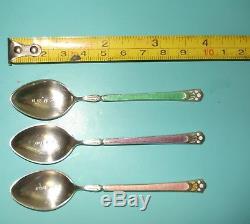 3 ART DECO Guilloche Enamel English solid HM sterling silver 925 tea spoon set