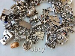 43 Vintage Sterling Silver Charm Bracelet Mid-Century Theme Mechanical