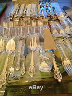 57pc Big Wallace Grand Baroque Sterling Silver Flatware Old Set Servers Most New