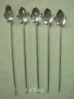 5 Vintage Sterling Silver Iced Tea Mint Julep Leaf Stir Spoons Straws Mexico+