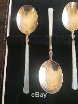 6 Vintage England Sterling Silver Gilded Enamel Flower Demitasse Spoon Set