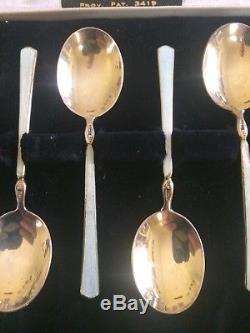 6 Vintage England Sterling Silver Gilded Enamel Flower Demitasse Spoon Set