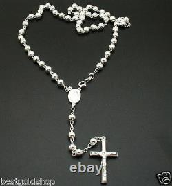 6mm 24 Italian Solid Rosary Cross Chain Necklace Real 925 Sterling Silver