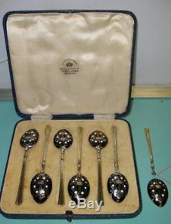 7 ART Deco Nouveau Champleve guilloche enamel sterling silver Tea spoons in box