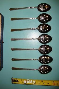 7 ART Deco Nouveau Champleve guilloche enamel sterling silver Tea spoons in box