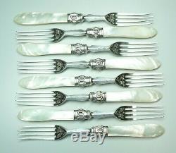 8 Mother of Pearl Handled Salad Dessert Forks Sterling Silver Collars Engraved