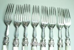 8 Mother of Pearl Handled Salad Dessert Forks Sterling Silver Collars Engraved