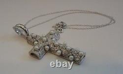 925 STERLING SILVER CROSS NECKLACE PENDANT With 3MM WHITE PEARLS/ DIAMONDS/18'