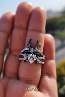 925 Silver Deer Antler Wedding Engagement Ring Set 1.25 Ct Heart Cut Moissanite
