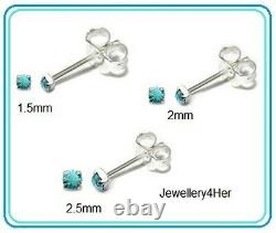 925 Sterling Silver 2mm Small Extra Tiny Turquoise Crystal Stud Earrings GIFT BN