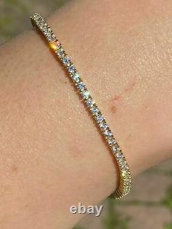 925 Sterling Silver 2mm Tennis Women Bracelet Diamond 7.25 14k Yellow Gold Over