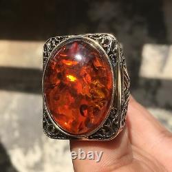 925 Sterling Silver Amber Bakelite Men's Ring Large Solid Unique Turkish Jewelry