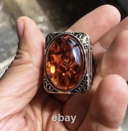 925 Sterling Silver Amber Bakelite Men's Ring Large Solid Unique Turkish Jewelry