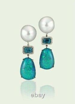 925 Sterling Silver Dangle Earrings Cubic Zirconia Blue Opal Halo Women Jewelry