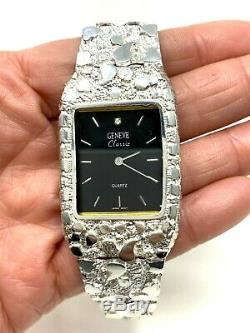 925 Sterling Silver Nugget Link Watch Bracelet Geneve with Diamond 7.5-8 47g
