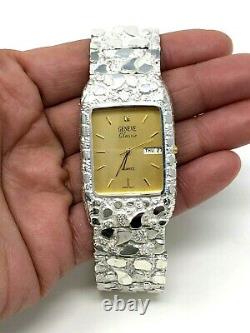 925 Sterling Silver Nugget Wrist Watch Straight Band Geneve Diamond Watch 7-7.5