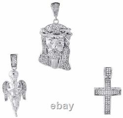 925 Sterling Silver Real Diamond Mini Pave Jesus Pendant Angel & Cross Set 1 Ct