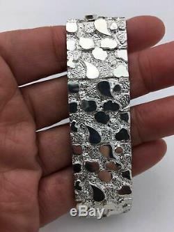 925 Sterling Silver Solid Nugget Bracelet Adjustable 8.25 21mm 51.5 grams