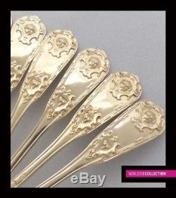 ANTIQUE 1850s FRENCH ALL STERLING SILVER 18k GOLD VERMEIL TEA SPOONS SET 12 pc