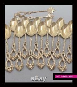 ANTIQUE 1880s FRENCH ALL STERLING SILVER VERMEIL 18k GOLD COFFEE SPOONS SET 13pc