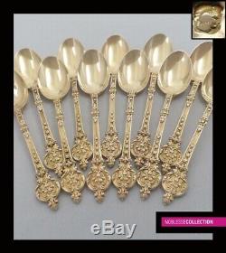 ANTIQUE 1880s FRENCH STERLING SILVER/VERMEIL 18k GOLD COFFEE SPOONS SET 11pc