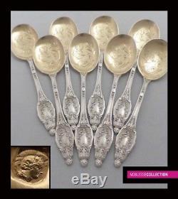 ANTIQUE 1890s FRENCH STERLING SILVER VERMEIL ICE CREAM SPOONS SET 8 pc Acanthus