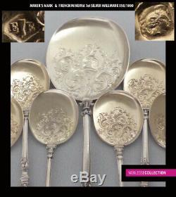 ANTIQUE 1890s FRENCH STERLING SILVER & VERMEIL ICE CREAM SPOONS SET 9 pc Chimera