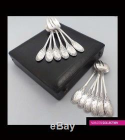 ANTIQUE 1900s FRENCH STERLING SILVER OYSTER FORKS SET 12pc Art Nouveau style