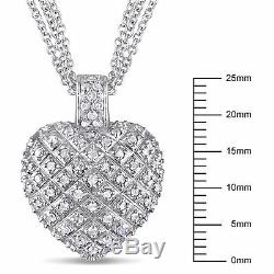 Amour Sterling Silver 1 Carat 1 CT TW Diamond Heart Pendant with Triple Chain