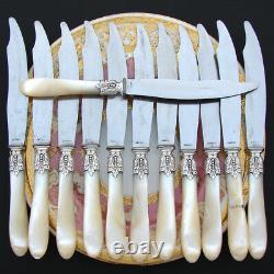 Antique French. 800 (nearly sterling) Silver & Mother of Pearl Dinner Knife Set